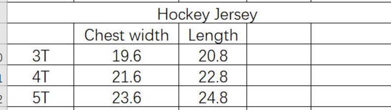 May include: Hockey jersey size chart showing chest width and length measurements in inches for sizes 3T, 4T, and 5T.