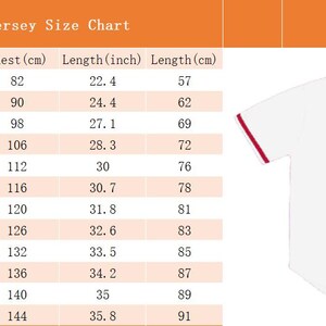 May include: Football jersey size chart with measurements in inches and centimetres. The chart shows chest and length measurements for youth sizes S, M, L, XL, and adult sizes XS, S, M, L, XL, 2XL, 3XL, and 4XL.
