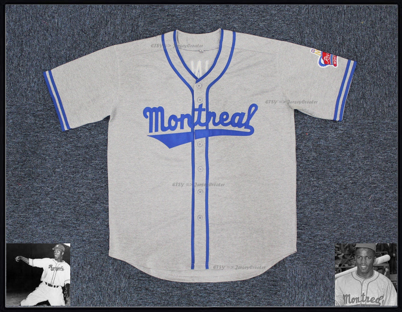 Jackie Robinson 9 Montreal Royals Gray Button Down Baseball Jersey