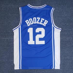 May include: A blue basketball jersey with white accents. The jersey features the name "BOOZER" arched across the upper back and the number "12" in large white block letters. The jersey has a white and blue striped trim.
