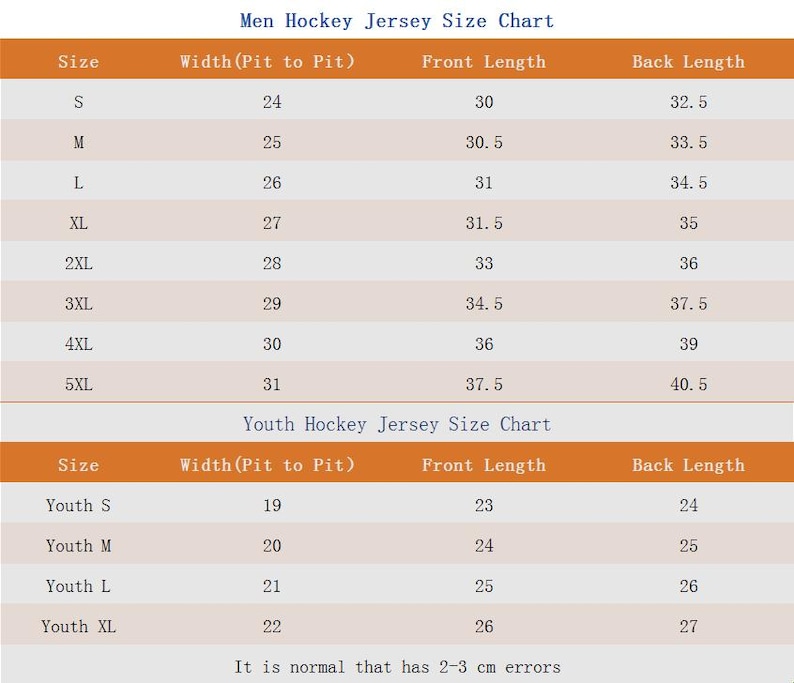 May include: A chart showing men's and youth hockey jersey sizes in inches. The chart lists the size, width (pit to pit), front length, and back length. It is normal that has 2-3 cm errors.