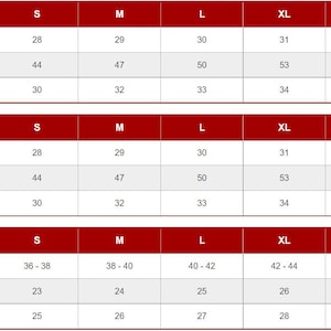 May include: Size chart for clothing with measurements in inches for men, women, and youth. The chart includes measurements for body length, chest, bust, and sleeve length.