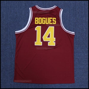 May include: A maroon basketball jersey with white trim. The back of the jersey has the name "BOGUES" and the number "14" in yellow.