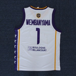 Maglia da basket retrò Wembanyama n. 1 Francia Bianca/Blu/Viola; Cucitura superiore; Maglia regalo per ragazzi/bambini/adulti