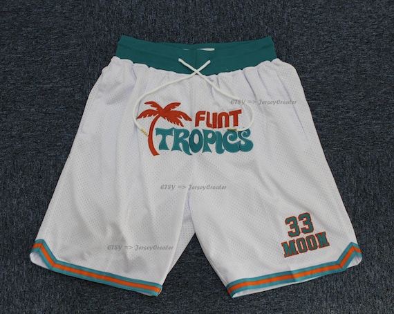 2008 Flint Tropics Jackie #33 Moon Semi Pro Basketball Shorts All Sewn Pockets Hip Hop Workout Gym Shorts White