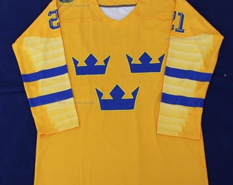 Camiseta de hockey sobre hielo de Suecia Forsberg #21 Lundqvist #30, amarilla, con estampado retro; para niños pequeños, jóvenes y adultos; nombre personalizado