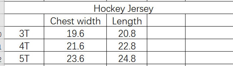 May include: Hockey jersey size chart showing chest width and length measurements in inches for sizes 3T, 4T, and 5T.