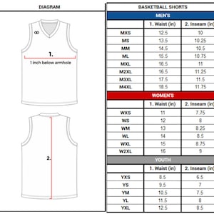 May include: A size chart for basketball jerseys and shorts. The chart shows the measurements for men's, women's, and youth sizes. The measurements are in inches. The chart also includes a diagram of a jersey and shorts with the measurements labelled.