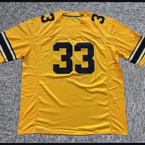 May include: A yellow football jersey with black stripes on the sleeves and a black number "33" on the front.