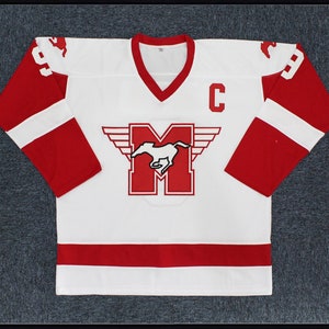 May include: White hockey jersey with red and white stripes. The jersey has a red "M" with wings and a running horse on the front. The letter "C" is on the front of the jersey.