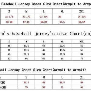 May include: A chart showing baseball jersey size conversions for men, women, and children. The chart includes measurements in inches and centimeters for chest, bust, waist, hip, and length.