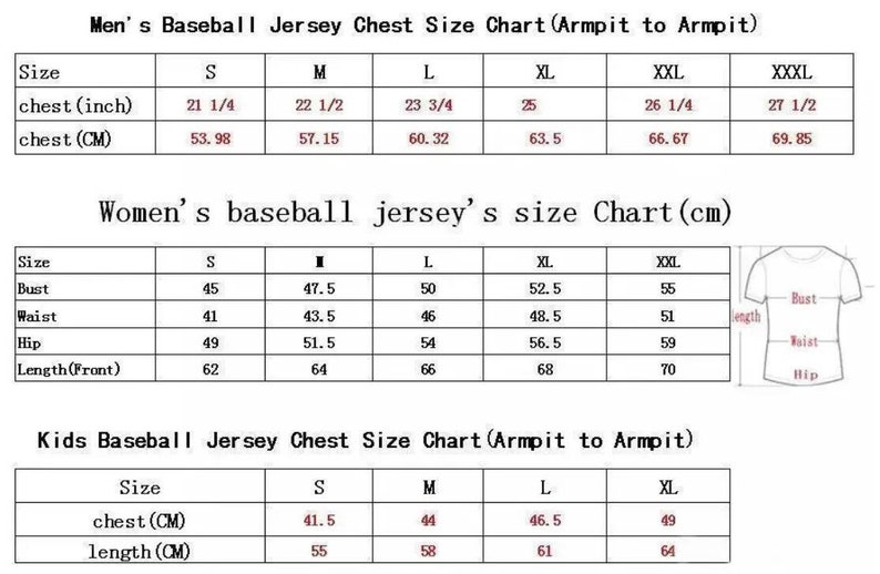 May include: A chart showing baseball jersey size conversions for men, women, and children. The chart includes measurements in inches and centimeters for chest, bust, waist, hip, and length.