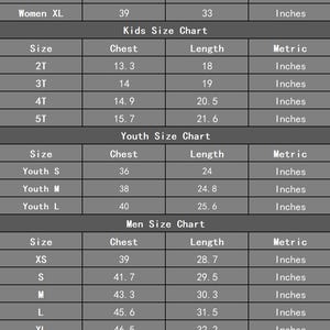 May include: A basketball jersey size chart with measurements in inches for women, kids, youth, and men. The chart includes chest and length measurements for various sizes, from XS to 5XL, and 2T to XL.