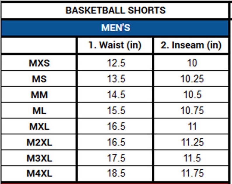 Puede incluir: Tabla de tallas de pantalones cortos de baloncesto para hombre, con medidas de cintura y entrepierna en pulgadas. Las tallas van de MXS a M4XL, con medidas de cintura de 31.75 cm a 47 cm y de entrepierna de 25.4 cm a 29.8 cm.