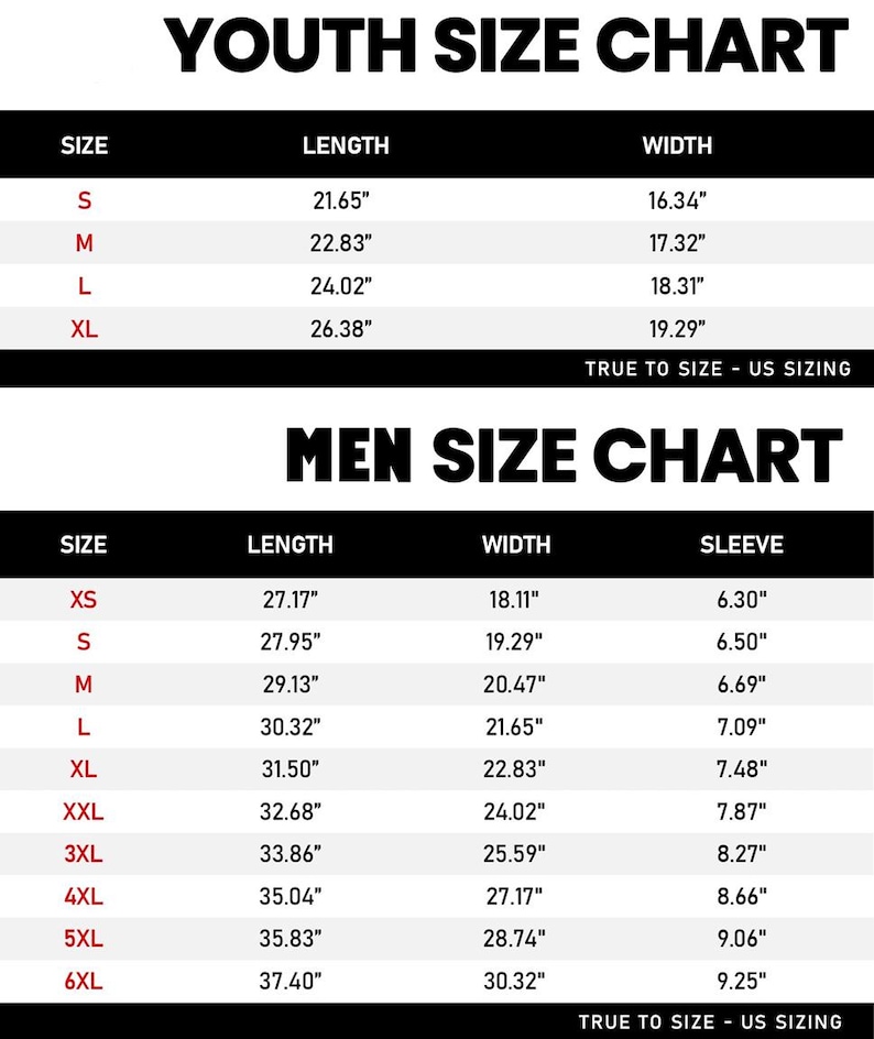 Może przedstawiać: Czarno-biała tabela rozmiar&oacute;w odzieży z dwiema sekcjami zatytułowanymi YOUTH SIZE CHART oraz MEN SIZE CHART. Tabele zawierają rozmiary od S do XL dla młodzieży oraz od XS do 6XL dla dorosłych, podając długość, szerokość i długość rękawa w calach.
