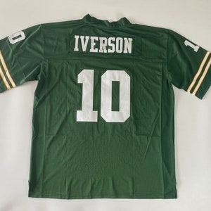 May include: Green football jersey with white lettering. The jersey has the name "IVERSON" and the number "10" on the back.