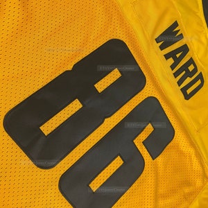 May include: A yellow football jersey with black mesh fabric and the number 86 on the back. The name "WARD" is printed on the back of the jersey in black.