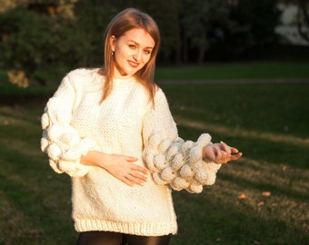 Bobble sleeve pullover winter apparel jumper cream long sleeve bubble pom chunky knit sweater sister birthday gift mother to be sweater