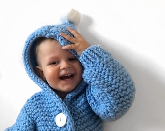 Blue cardigan knit baby knit sweater for boy hooded jacket kids cardigan with pom personalized toddler gifts mom to be gift
