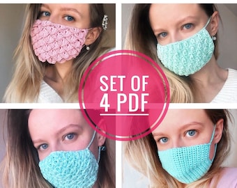 Conjunto de 4 PATRÓN patrón de conjunto de regalo de máscara facial para máscara facial patrones de flores de ganchillo máscara facial regalo de cara lavable para suegra