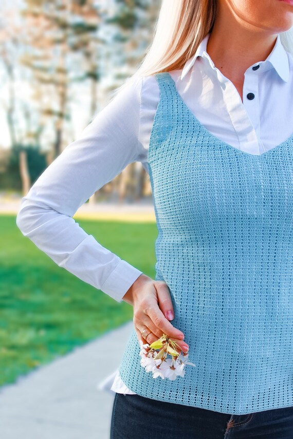 Bleu sans manches T shirt singlet femmes crochet gilet sans manches debardeur coton singlet bio top femme sous chemise cadeau pour petite fille Etsy France