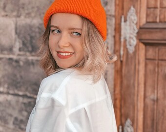 Orange beanie hat for women hands made knitted beanie hat women winter cap for women hand knit hat women warm hat gift for granddaughter
