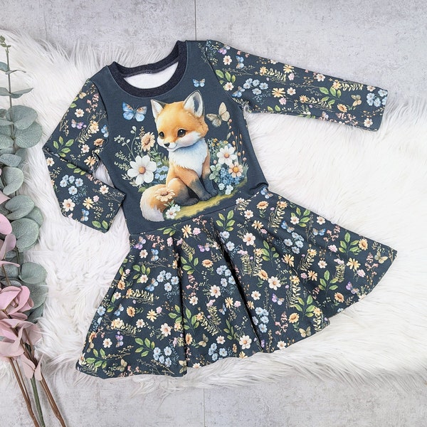 Twirling dress with a cute fox and flower design, long or short-sleeved, sizes 56, 62, 68, 74, 80, 86, 92, 98, 104, 110, 116, 122, 128