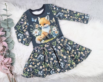 Drehkleid süßer Fuchs und Blumen, Lang- oder Kurzarmkleid Größe 56, 62, 68, 74, 80, 86, 92, 98, 104, 110, 116, 122, 128