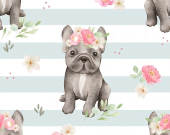 French Terry / Sommersweat kleine französische Bulldoggen auf gestreiftem Hintergrund, 0,50m x 150cm