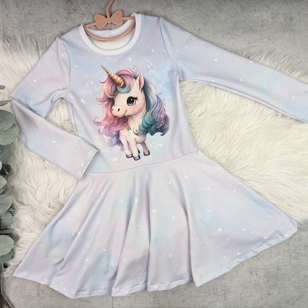 Unicorn and purple stars twirl dress, long or short sleeve dress size 56, 62, 68, 74, 80, 86, 92, 98, 104, 110, 116, 122, 128