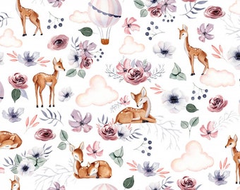 French terry / summer sweat deer on clouds, balloons, flowers, ecru, forest animals, 0.50 m x 150 cm