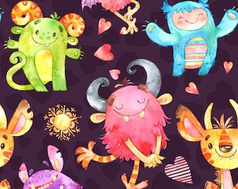 Cotton jersey colorful monsters on a dark purple background, one unit of 0.50 m x 150 cm