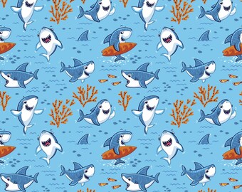 Cotton jersey, lovely sharks on light blue, 0.50 m x 150 cm