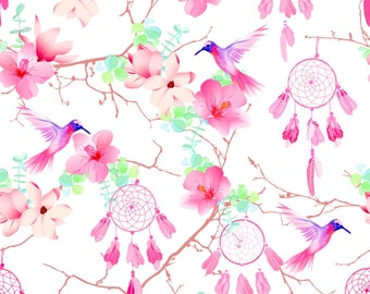 French Terry / Sommersweat rosa Traumfänger und Vögelchen auf weiß 0,50m x 150cm