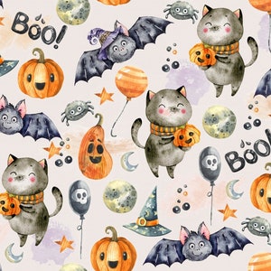 French terry / summer sweat Halloween cats and bats on beige, 0.50 m x 150 cm