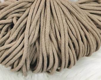 Baumwollkordel, 5mm Stärke, Kordel aus 100% recycelte Baumwolle, Sand, beige, 1m Länge, Kordel für Macramee, Hoody-Kordel, Turnbeutelkordel