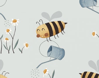 French Terry / Sommersweat süße Bienen mit Gießkannen auf mintfarbenen Hintergrund 0,50m x 150cm