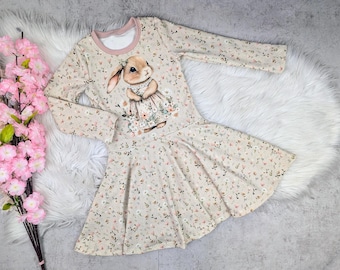 Drehkleid süßer Hase und Blumen, Lang- oder Kurzarmkleid Größe 56, 62, 68, 74, 80, 86, 92, 98, 104, 110, 116, 122, 128
