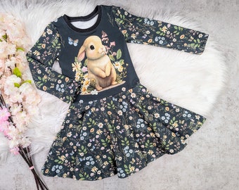 Drehkleid süßer Hase und Blumen, Lang- oder Kurzarmkleid Größe 56, 62, 68, 74, 80, 86, 92, 98, 104, 110, 116, 122, 128
