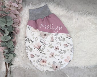 Swaddle bag / romper bag, 0-6 months, various sizes, sleeping bag for babies, magnolias, birth gift, desired name