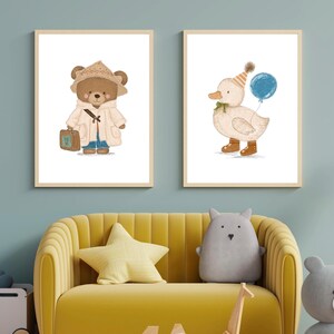 手描きのアヒルとテディベアのポスターセット、デジタルプリント2枚、ポストカード、ウォールアート、保育園、子供部屋