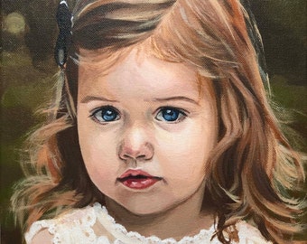 May include: A painting of a young girl with blonde hair and blue eyes. She is wearing a white dress with lace trim. The background is a soft green.