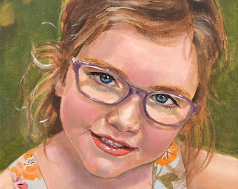 May include: A portrait painting of a young girl with blonde hair wearing purple glasses and a light blue dress with a colorful floral and animal print. The background is a green grassy field.