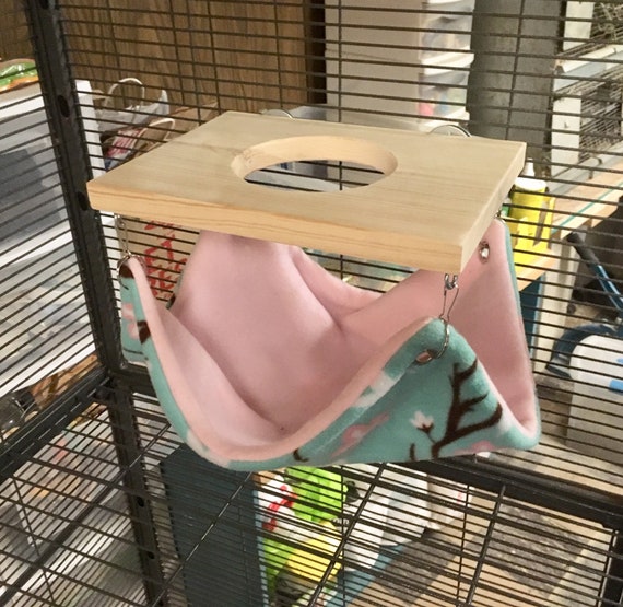 10" Hanging Hammock Kiln Dried Pine Shelf w/ Hole -- includes fleece hammock -- many varieties! for Chinchillas & small animals