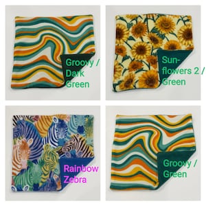 May include: Four square fabric pieces featuring various patterns: a wavy orange, teal, and white design labeled Groovy / Dark Green, a sunflower print labeled Sunflowers 2 / Green, and a multi-colored zebra print labeled Rainbow Zebra.