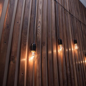 Puede incluir: Una cadena de luces Edison colgando de una pared de paneles de madera. Las bombillas están encendidas y proyectan un brillo cálido.