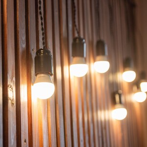 May include: A string of Edison bulb lights hanging from a wooden wall. The bulbs are lit and casting a warm glow.