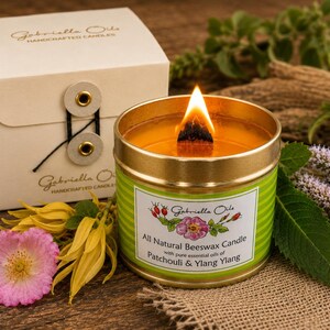 Vela de cera de abeja totalmente natural: aceites esenciales de pachulí e ylang ylang, mecha doble de madera.