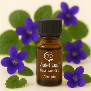 以下が含まれることがあります： 黒いキャップが付いた茶色のガラス瓶で、「Violet Leaf Absolute」とロゴがラベルに表示されています。紫色のスミレの花と緑の葉の前に置かれています。ボトルには液体が入っており、おそらくエッセンシャルオイルまたは香料です。