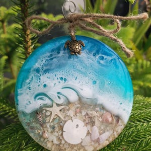 手作りの海岸樹脂製ウェーブオーナメント、本物の貝殻と砂、オーシャンビーチの装飾